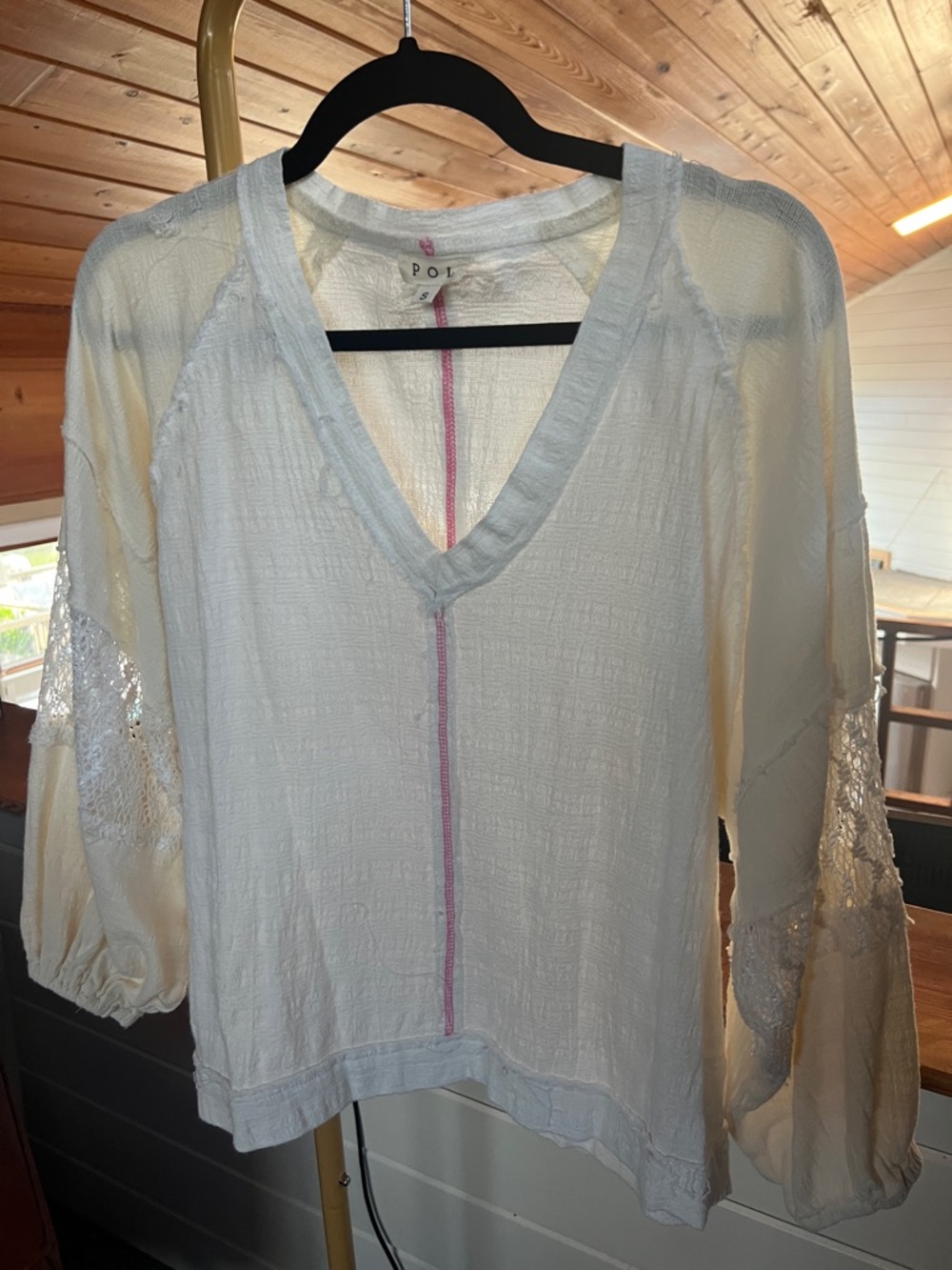 POL White V-Neck Lace-Sleeve Top with Pink Trim